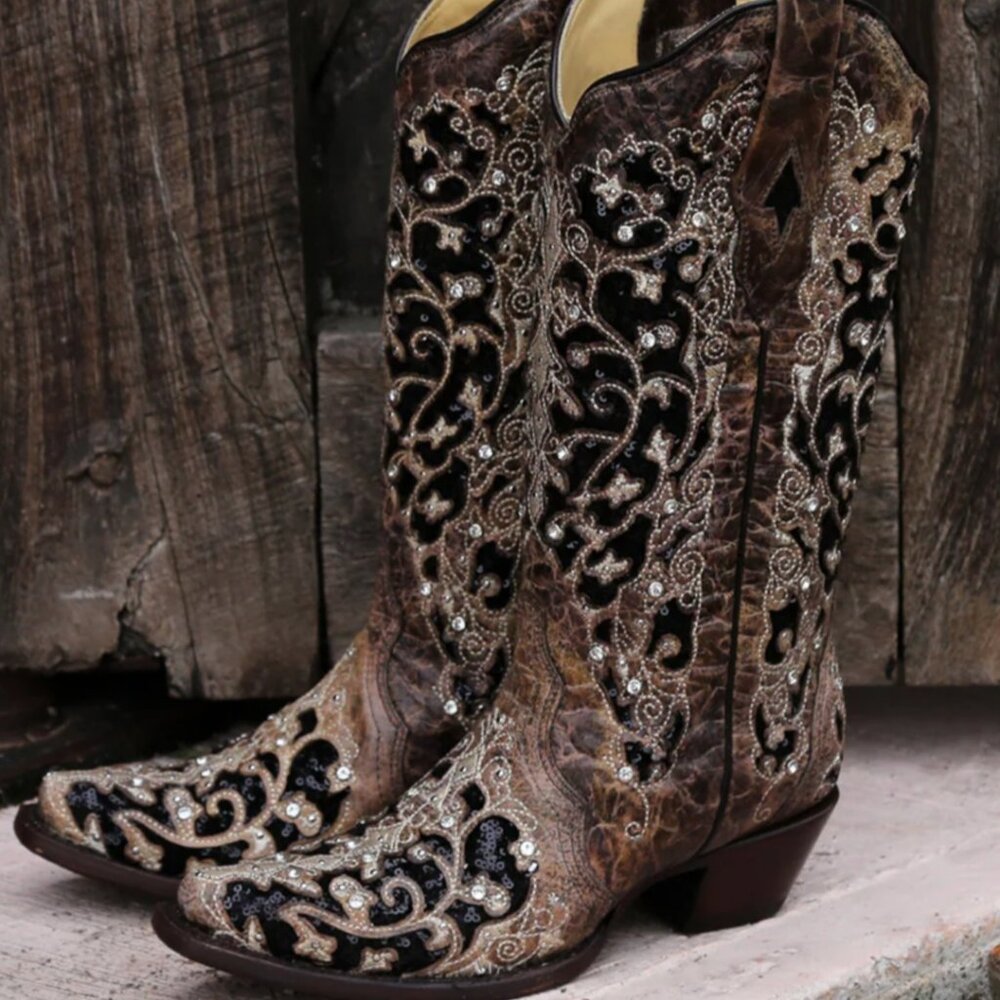 Corral Snip Toe Cowboy Boot Brown w/glitter, sequins, crystals